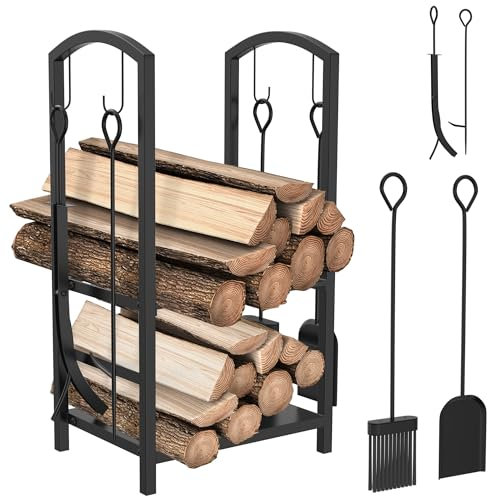 YRHome Scaffale per legna da ardere, set da 5 pezzi, interno 2 livelli con 4 attrezzi per camino, posate per camino, supporto per legna da ardere, scaffale in legno, 74,5 x 40 x 38 cm, per camino,