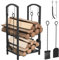 YRHome Kaminholzregal 5-teiliges Set, Innen 2 Ebenen mit 4 Kaminwerkzeug, Kaminbesteck Kaminholzständer Kaminholzhalter Holzregal 74.5x40x38cm für Kamin Holzregal für Kaminofen Kamin Besteck Metall