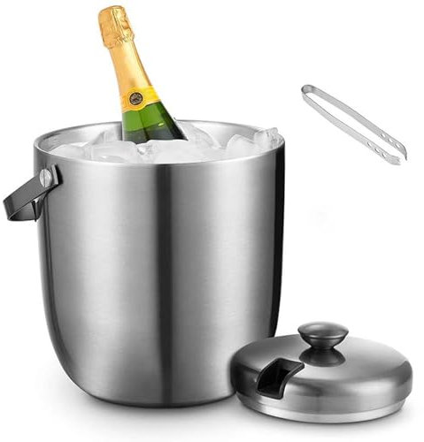 3L Edelstahl Eiswürfelbehälter, Eiskübel mit Doppelwandiger Isolierter, Eisbehälter mit Deckel Schaufel und Eiszange für Kühlen von Bier Champagner Wein und Obst