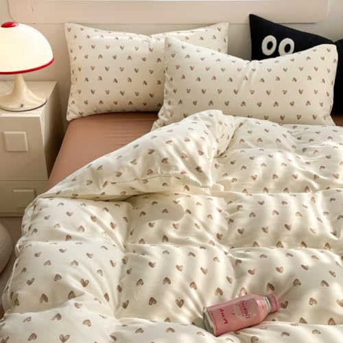 Covebett Set Copripiumino con Cuori Doppio Beige Marrone Cuori d'Amore Biancheria da Letto in Microfibra 2pz per Bambini Donne Ragazze Elegante Estetico Copripiumino 200x200 cm e 2 Federe 50x75 cm