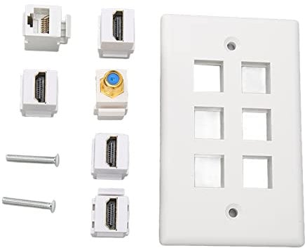 HDMI Socket Wall Plate 6 Port Multimedia Panel with HD Interface CAT6 Ethernet and F Connector for Cable Management 11 5cm x 7cm