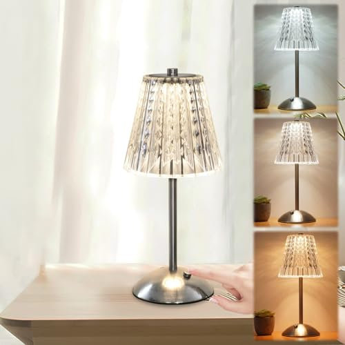 Rechargeable Table Lamp - 3 Colors & Dimmable Cordless Table Lamps, Glass Desk Lamp Battery Operated for Living Room Lounge Bedside Dining