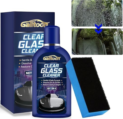 Car Glass Oil Film Cleaner, Car Glasses Cleaners with Sponge for Home and Auto Cleaning, Water Spot Remover for Glass Surfaces, Easily Restore Clarity (180G)