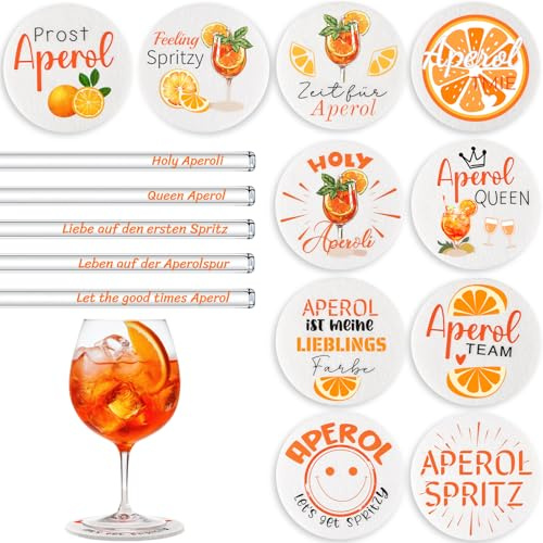 Joycabin 15 Stück Aperol Untersetzer Filz mit 5 Glasstrohhalmen, Weiß | Stilvolle Aperol Deko Zubehör Set mit runden Filzuntersetzern und wiederverwendbaren Glasstrohhalmen,Perfekt für Sommerpartys
