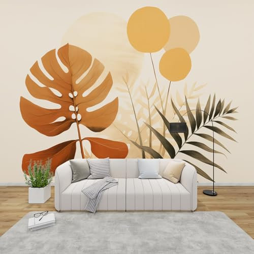 GEDAEUBA Papier Peint Panoramique Feuilles Tropicales, Papier Peint Intissé Motif Bohème Beige, Tapisserie Panoramique Salon, Décoration Murale Chambre, 200x140 cm