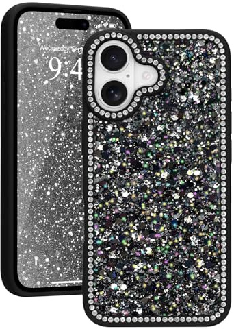 Ethanger Glitter Rhinestone Crystal Case for iPhone 16, Black | Glamorous Sparkling Back, Aesthetic Bling Diamond Cover, for Women Girls, Shockproof Protective Phone Case