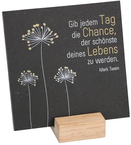 Butzon & Bercker Schiefertafel Die Chance - Deko-Schild mit Holzsockel | Schiefer-Relief 10 x 10 cm mit Mark Twain Spruch und Blumen, ideales christliches Geschenk oder Mutmacher Tischdeko