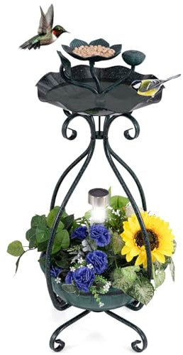 GYMAX Mangeoire Solaire pour Oiseaux d'Extérieur, Bain pour Oiseaux avec Lumière Solaire LED, Jardinière Inférieure à Fleurs, Cadre Métallique, Décoratif Vintage pour Jardin, Pelouse, Patio (Bronze)