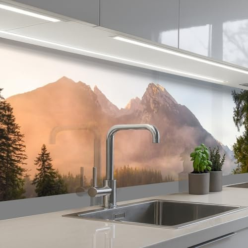 KitchenYeah© Spritzschutz Küchenrückwand Küche Abwaschbar Selbstklebend | 80x300 cm - Küchenwand Küchenfront Küchen Rückenwand Wandschutz Landschaft - Nebel - Wasser - Bäume