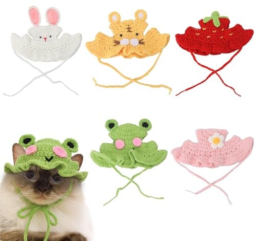 Smivyhp 5 Gestrickte Haustiermützen Verstellbar Für Katzen Und Hunde | Weicher Strickstoff Für Hautverträglichkeit, Einfache Größenanpassung, Niedliche Motivdesigns, Leichtes Gewicht