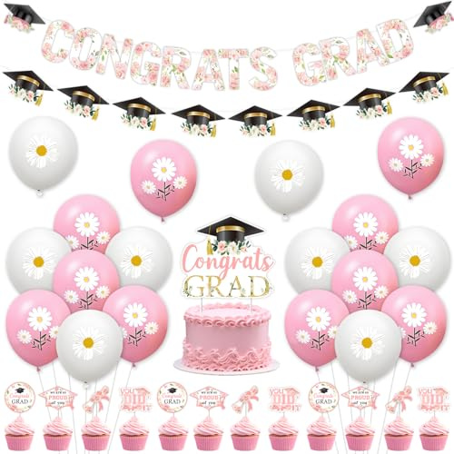 Jollyboom Floral Graduation Party Dekorationen Mädchen, Floral Congrats Grad 2026 Dekorationen Banner Girlande Kuchen Cupcake Toppers Ballons für We Are So Proud Of You Klasse 2026 Rosa Cap