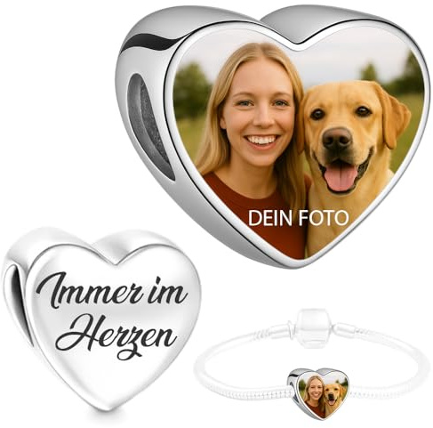 Personalisiert Schmuck Foto Charm Liebes Herz kompatibel mit Pandora Armband und Kette, Klar oder Hunde-, Katzenpfote Edelstahl