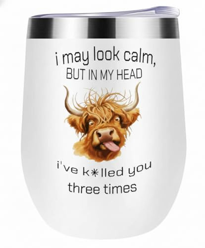 Posoto Highland Cow Gifts - 12oz Insulated Stainless Steel Coffee Tumbler - Funny Birthday Gifts for Women Cow Lovers Office Coworkers