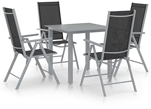 KGHFDVB Juego de comedor de jardín de aluminio plateado negro con sillas plegables de 7 posiciones y mesa de cristal