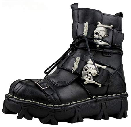 Stivali da moto da uomo, in vera pelle, stile militare, stile gotico, stile punk, nero, 13.5 Wide