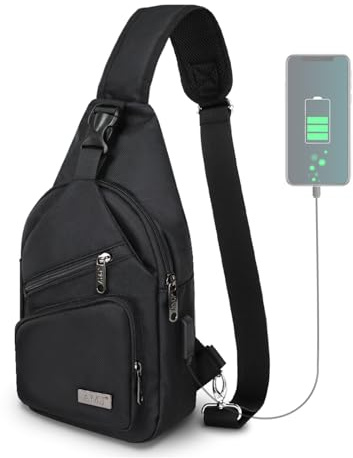 AMJ Sling Bag for Men, Upgraded Type-C & USB Charging Port Casual Shoulder Chest Bag with Logo Zipper Pulls (Black, Small)