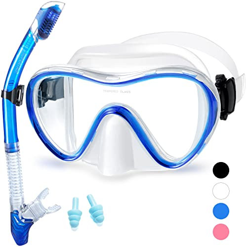 Supertrip Trocken Schnorchelset mit Anti-beschlag Taucherbrille Panorama Blickfeld gehärtete wasserdichte Gläser Schnorchelbrille Taucherset für Erwachsene Unisex Trockenschnorchel