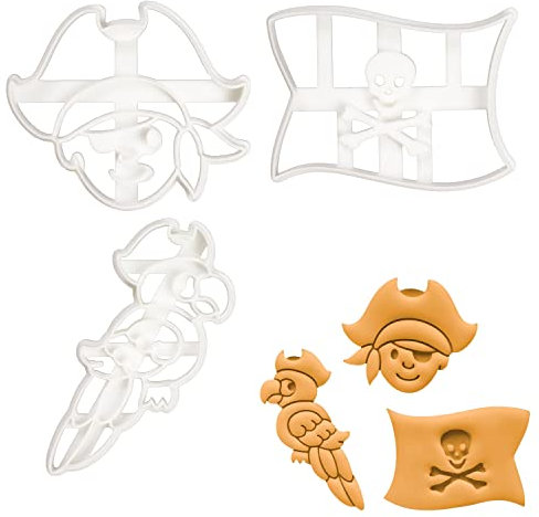 3er Set Pirat Ausstechformen (Formen: Piratenflagge, Piratenjunge und Papagei) 3 Teile, Bakerlogy