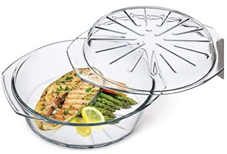 Simax Auflaufform für Ofen: Glas-Backform mit Deckel,geriffelte Form für fettarmes Kochen,Mikrowellen-, Backofen- und spülmaschinenfestes Kochgeschirr,Borosilikatglas,2.6 Liter runde Auflaufform