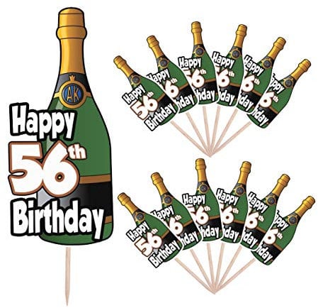AK Giftshop Happy 56th Birthday - Champagne Bottle Party Food Cake Cupcakes Picks Sticks Decorations Toppers Stand Up Food Flags