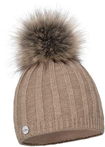 ELIMELI Mütze Damen Winter warme Strickmütze Wollmütze mit Kaschmir Wintermütze mit Kunstfell Bommel Slouch Strick Beanie für Bommelmütze Hergestellt in EU Farbenauswahl (Cappuccino)
