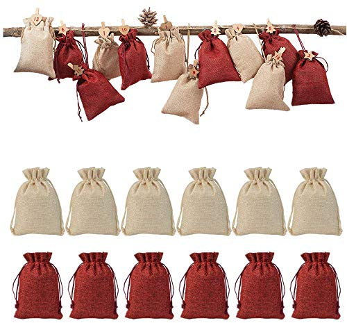 VOARGE Adventskalender Säckchen 24 stück Jutesäckchen/Jute-Sack, DIY Handwerk, Jutebeutel, Stoffbeutel, 12 Natur+12 Weinrot Säckchen, Geschenksäckchen mit Zugband - 10x14cm