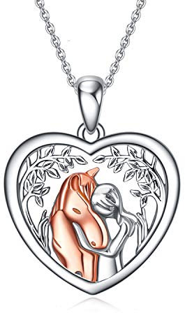 YFN 925 Sterling Silber Pferd Anhänger Halskette Mädchen Umarmung Pferd Geschenk für Mädchen Jungen Pferdeliebhaber (Rosenpferd mit Baumkette)
