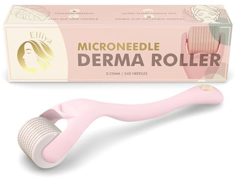 Elliya Rosa Derma Roller mit 0,25 mm Titan-Nadeln - Gesichtspflege- und Hautpflegewerkzeug mit Etui - Microneedling-Roller für glatte Haut - Hautpflegeroutine für Zuhause