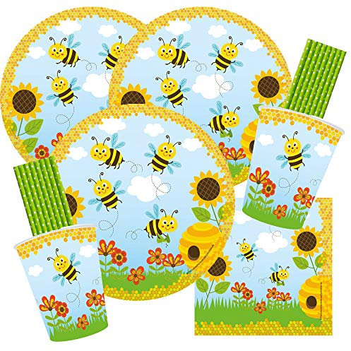 68-teiliges Party-Set Freche Bienen - Teller Becher Servietten Trinkhalme für 16 Kinder