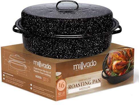 Millvado Granite Roasting Pan, 10 lb Capacity Turkey Roasting Pan with Lid, 16 Granite Oven Roaster Oval Shaped Speckled Enamel on Steel Cookware