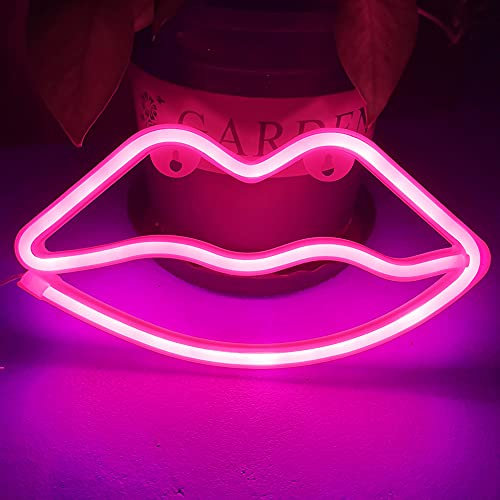 Bipily Lips Neon Lights LED Lips Neon Light Sign Neon Wall Light Battery/USB Operated Neon Light Art Decorative Neon Lights Neon Signs for Walls Light up Signs for Bedroom Walls Party-Pink Lips