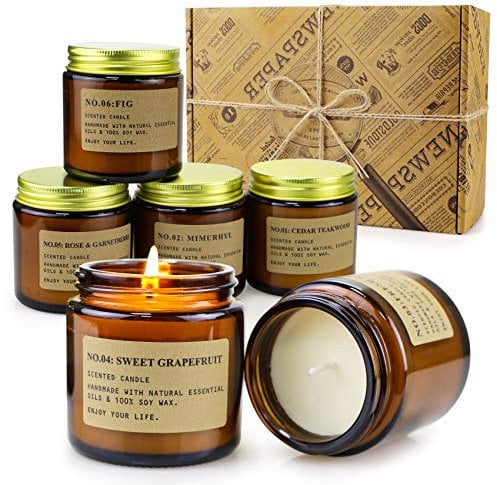 Bougie Parfumée Ensemble, 6 Pcs Bougies 100% en Cire De Soja Naturelle pour L'aromathérapie, Bath, Yoga, 25H Durée par Bougie, Noël Cadeau de Fête des Mères et La Saint-Valentin