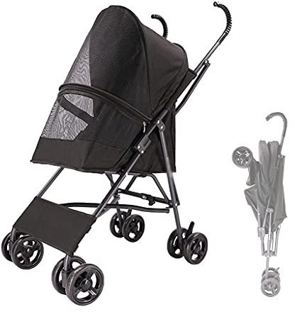 Hundewagen Hundebuggy Hunde Katzen, Hundebuggy bis 10kg, Regenschirmstruktur Leichter Hundewagen für Kleine Hunde Wagen Buggy Atmungsaktive Installation-freies Design (Color : Black)