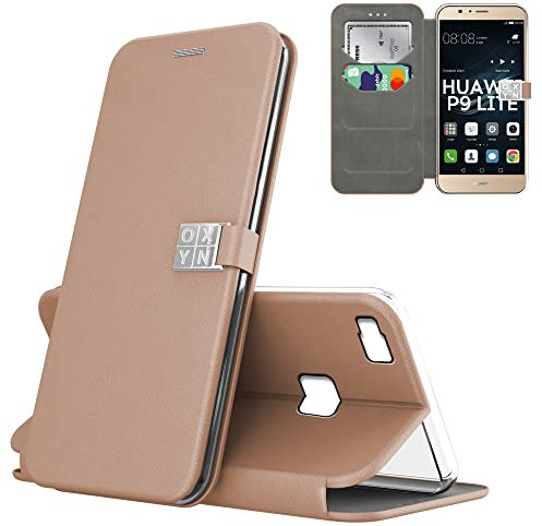 OXYN Cover Compatibile per Huawei P9 Lite, Chiusura Magnetica Full Protection Wallet Case Flip Custodia Libro per Carta Credito Simil Pelle TPU Interno Funzione Stand Supporto (Rosa)