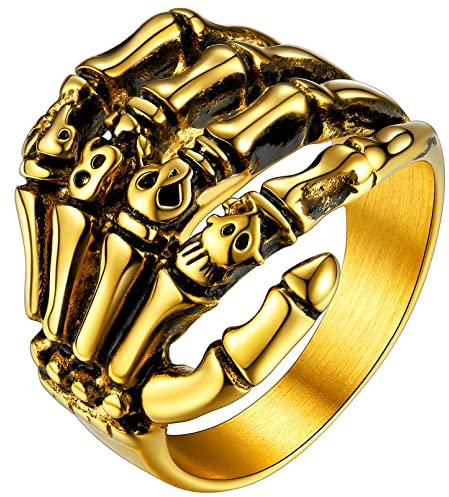 FaithHeart Goldener Totenkopf Finger Fingerring Punk Retro Stil Schädel Ring Skelett Knochen Bandring mit Geschenkebox für Weihnachten Geburtstag Valentinstag