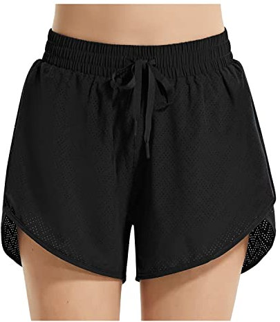 BALEAF Short de Bain Femme Bas de Maillot de Bain Eté Shorts de Course à Pied Femme avec Slip Intérieur et Poche Latérale Sport Shorts avec Maille pour l'Yoga Jogging Natation Plage Piscine Noir XL