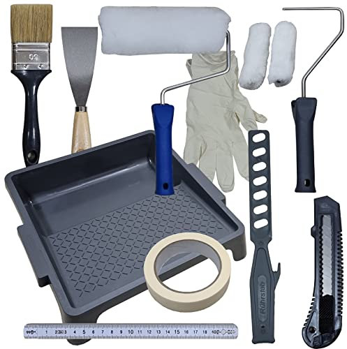 NYVI Malerset Advance DYI - 15-teiliges All in One Profi Set zum Streichen - wiederverwendbares Renovierset mit Malerrolle Malerpinsel Farbwanne Abdeckfolie Malerkrepp Farbrolle Farbwalzen Spachtel