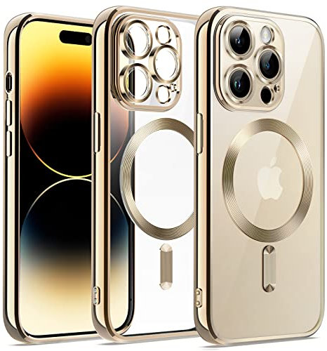 JETech Cover Trasparente Morbida per iPhone 14 Pro 6,1 Pollici, Obiettivo per Fotocamera Protezione Completa, Compatibile con MagSafe Ricarica Wireless, Custodia Placcatura con TPU (Oro)