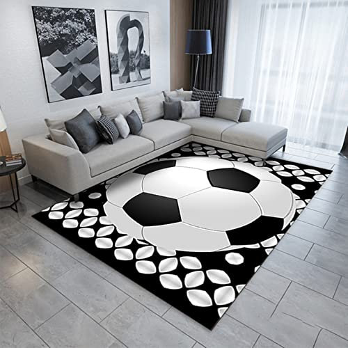 Fußball Druck Indoor Teppich Jungen Mädchen Spiel Teppich rutschfest Wohnzimmer Schlafzimmer Dekorative Teppich Flamme Fußball Nachttisch Teppich Doormat Küche Teppich (Schwarz,100x120 cm)