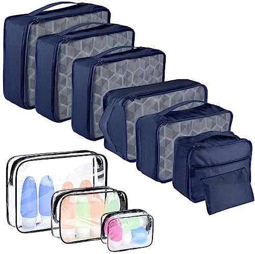 Enloffi Koffer Organizer 10 PCS Kofferorganizer Set Wasserdichte Gepäck Organizer Packwürfel für Toilettenartikel Kleidung Schuhe Kosmetik Leichtgewicht Gepäckorganizer, Navy Blau