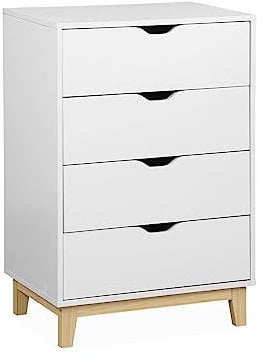Alice's Home - Commode Blanche scandinave - Floki - chiffonnier avec Pieds en Bois de Sapin. 4 tiroirs. 60x40x90cm