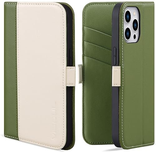 VISOUL Schutzhülle für iPhone 15 Pro, echtes Leder, Folio-Schutzhülle mit Kartenhalter, Magnetklappen, Klappdeckel, entworfen für iPhone 15 Pro (15,5 cm), Beige + Grün