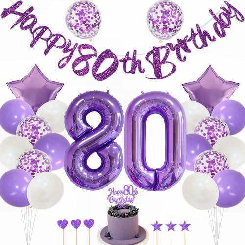 Kiwochy Lila 80. Geburtstag Dekoration für Mädchen - Tortendeko, Luftballons, Nummer 80 Folienballon - Party Deko Set