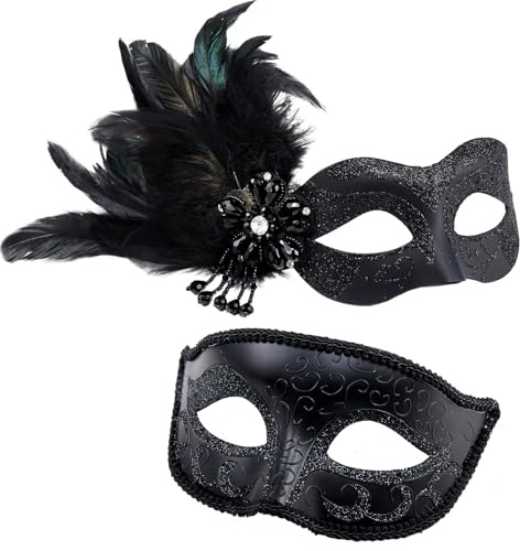 MYSEUNI 2024 Neue Maskerade Maske mit Feder für Paare - Damen Maskerade Maske mit Feder & Männer Venezianische Kostüm Maske