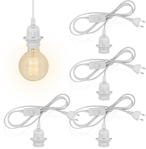 Leikurvo Lot de 4 douilles E27 avec interrupteur et prise européenne : douille de lampe E27 avec câble 3 m, interrupteur à vis, adaptateur de prise, support de lampe pour cuisine, salon, chambre