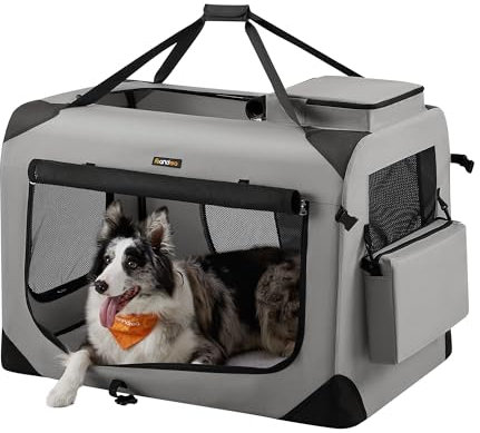 Feandrea Hundebox faltbar, Transportbox Hund, XXL, Hundetasche, Oxford-Gewebe, Netzstoff, atmungsaktiv tragbar transportabel, Metallrahmen, mit Griffen, Taschen, 91 x 63 x 63 cm, rauchgrau PDC090G02