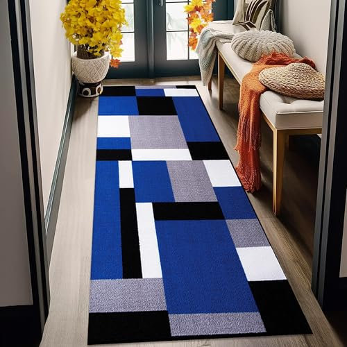 Fit Even Kilas Runner Rug – Washable Hallway Carpet Runners, Non-Slip Floor Mats for Kitchen, Living Room, Corridor, Entryway, Door Entrances (Blue Black, 60 x 220 cm)