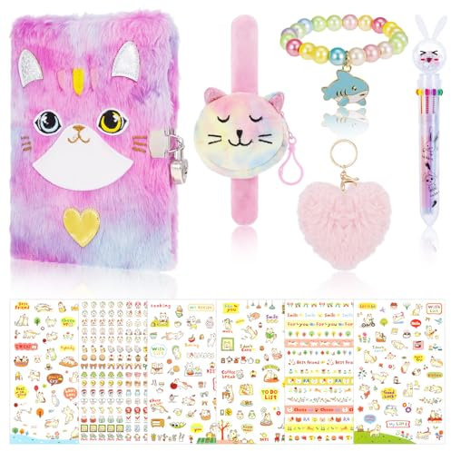 Partideal Plush Cat Secret Diary with Lock for Girls,Purple Journal Set with Whale Bracelets Slap Wristband Money Bag Heart Pendant Ballpoint Pen Cat Stickers for Girls(tie-dye Process)