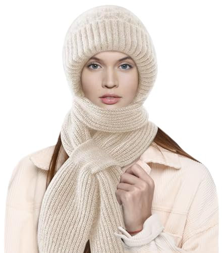 PATRICHOR Mütze mit Schal, Kapuzenschal Damen, Integrierter Schalmütze Ohrenschutz Winddichte, Mützenschal Winter für Frauen, 2 in 1 Wintermütze und Schal Damen
