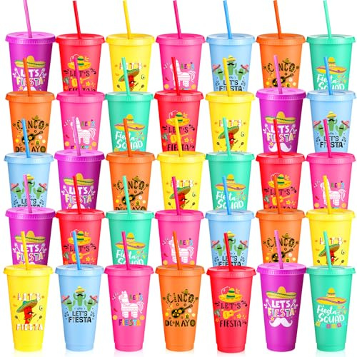 Gandeer 35 Pcs Fiesta Tumbler with Straw and Lid 24 oz Mexican Water Bottle Iced Coffee Travel Mug Cup Reusable Plastic Cups for Cinco De Mayo Party Decorations Fiesta Taco Birthday Party (Stylish)